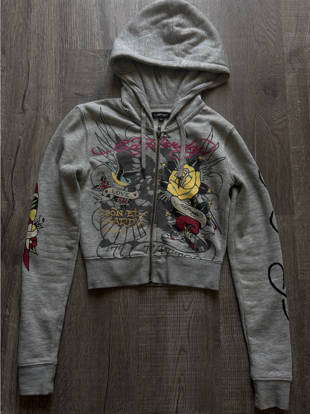 Ed Hardy Grey Zip Hoodie with Colorful Tattoo Roses